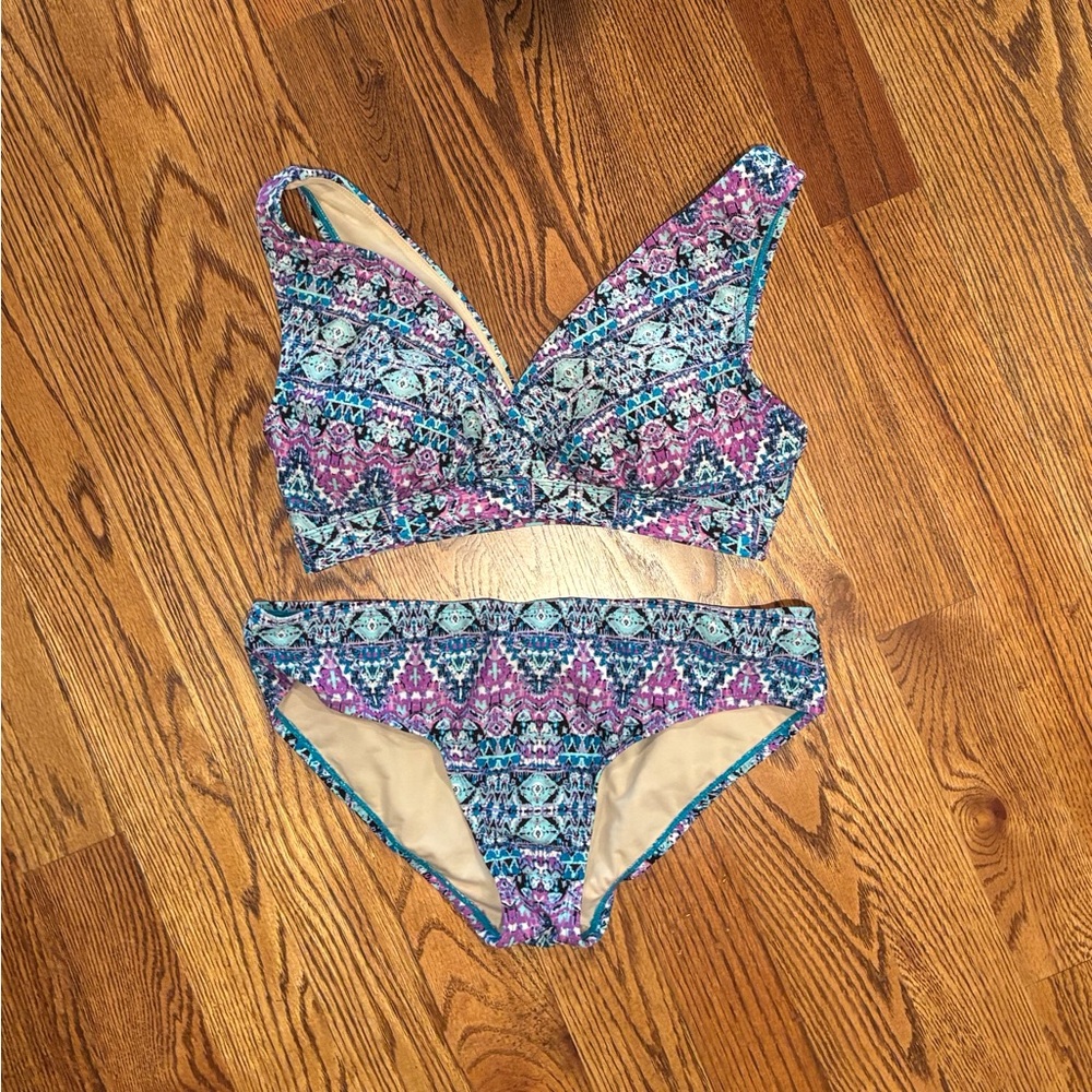 Swimsuits For All Purple & Teal Patterned Bikini Set